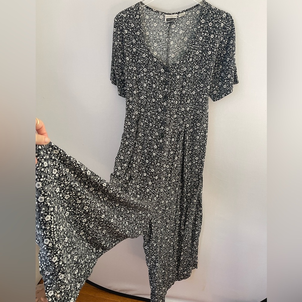Vintage 90s Rayon Jumpsuit Pants/dress Black Floral M